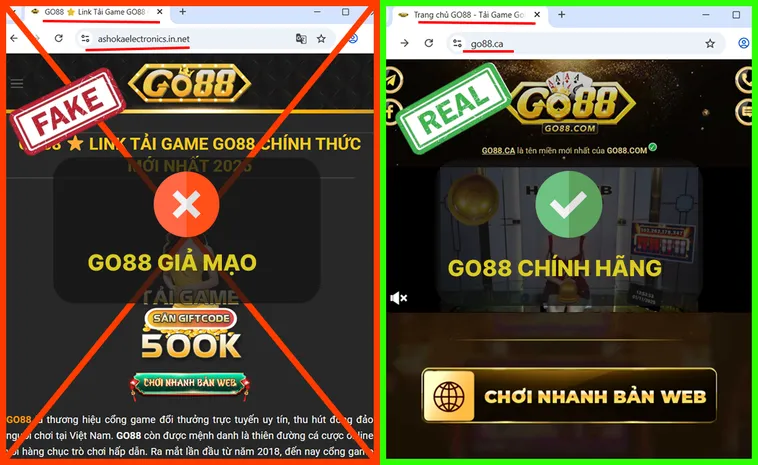 Trên logo thật Go88.com, không có ký tự hay số thừa, trong khi logo giả Go88.com đôi khi thêm “VIP” hoặc số khác.